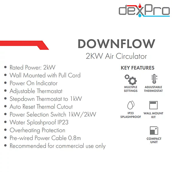 2kW Downflow Fan Heater Circulator Wall Mounted: Adjustable Thermostat Pull Cord