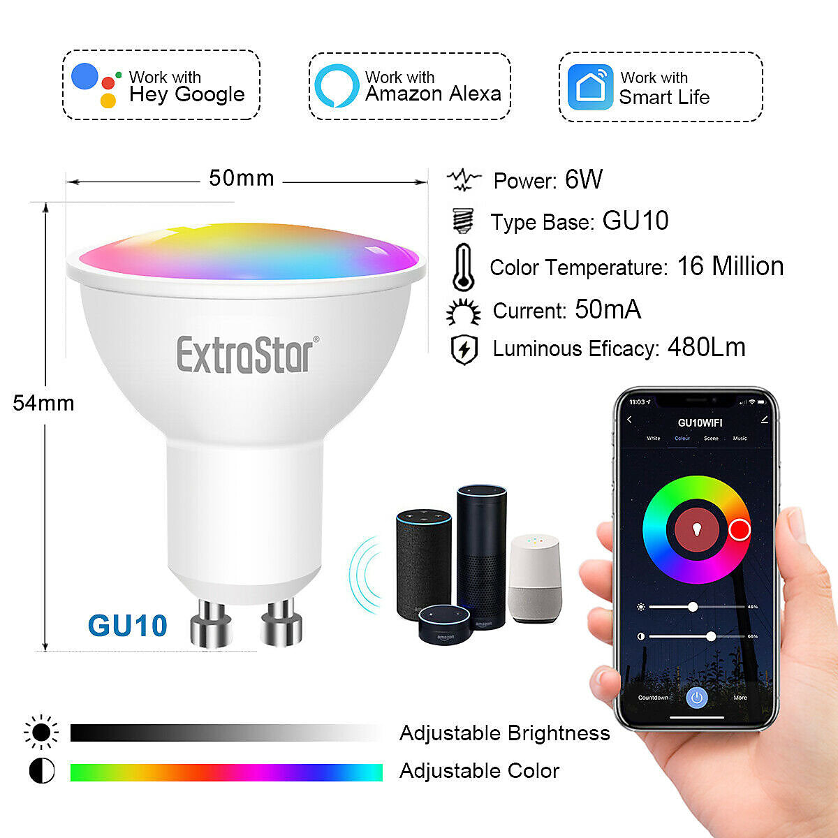 ExtraStar GU10 6W WIFI LED Smart RGB Light bulb (pack of 6)