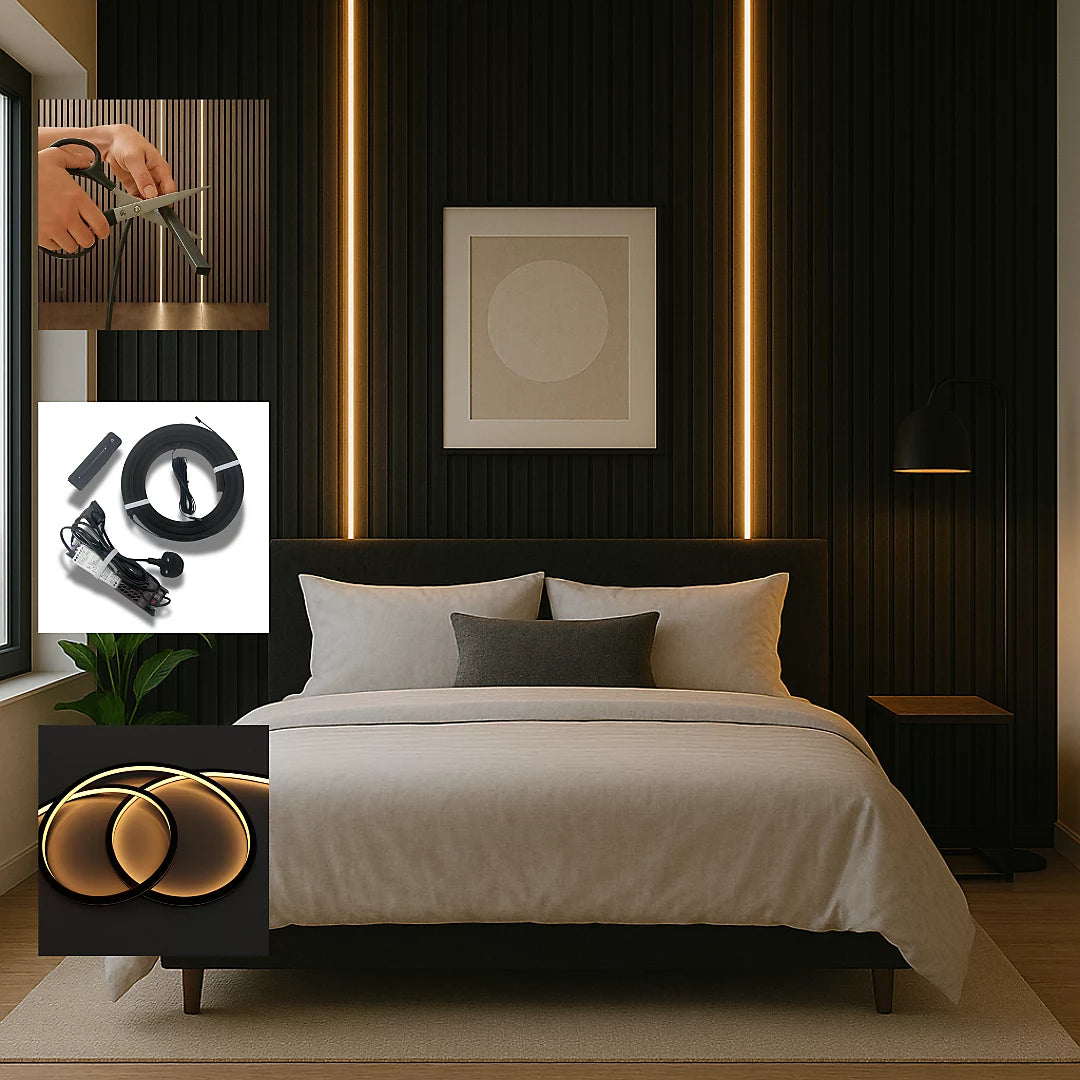 LED strip lights for acoustic slat wall panels - Black Flexible starter 1 Pack 2.4m