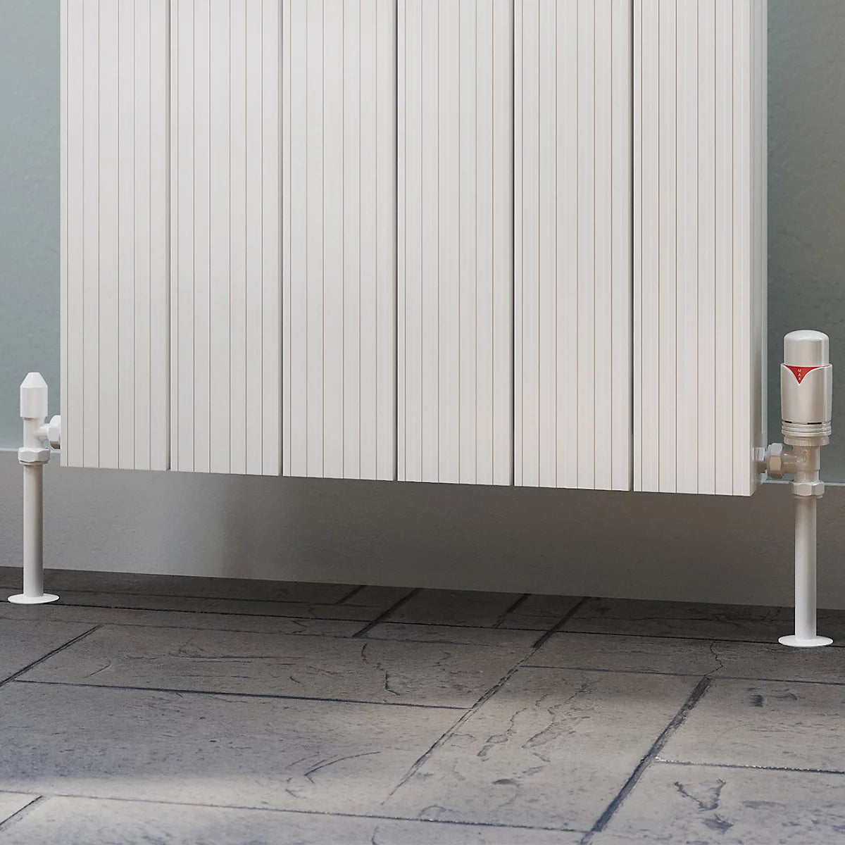 UK Radiators 1/2BSP 15mm Angled White Modern Thermostatic Radiator Valve & Lockshield Derry Bold