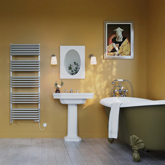 UK Radiators 3108BTU H1269mm x W500mm Silver Round Tube Standard Designer Dual Fuel Heated Towel Rail Crossmoor