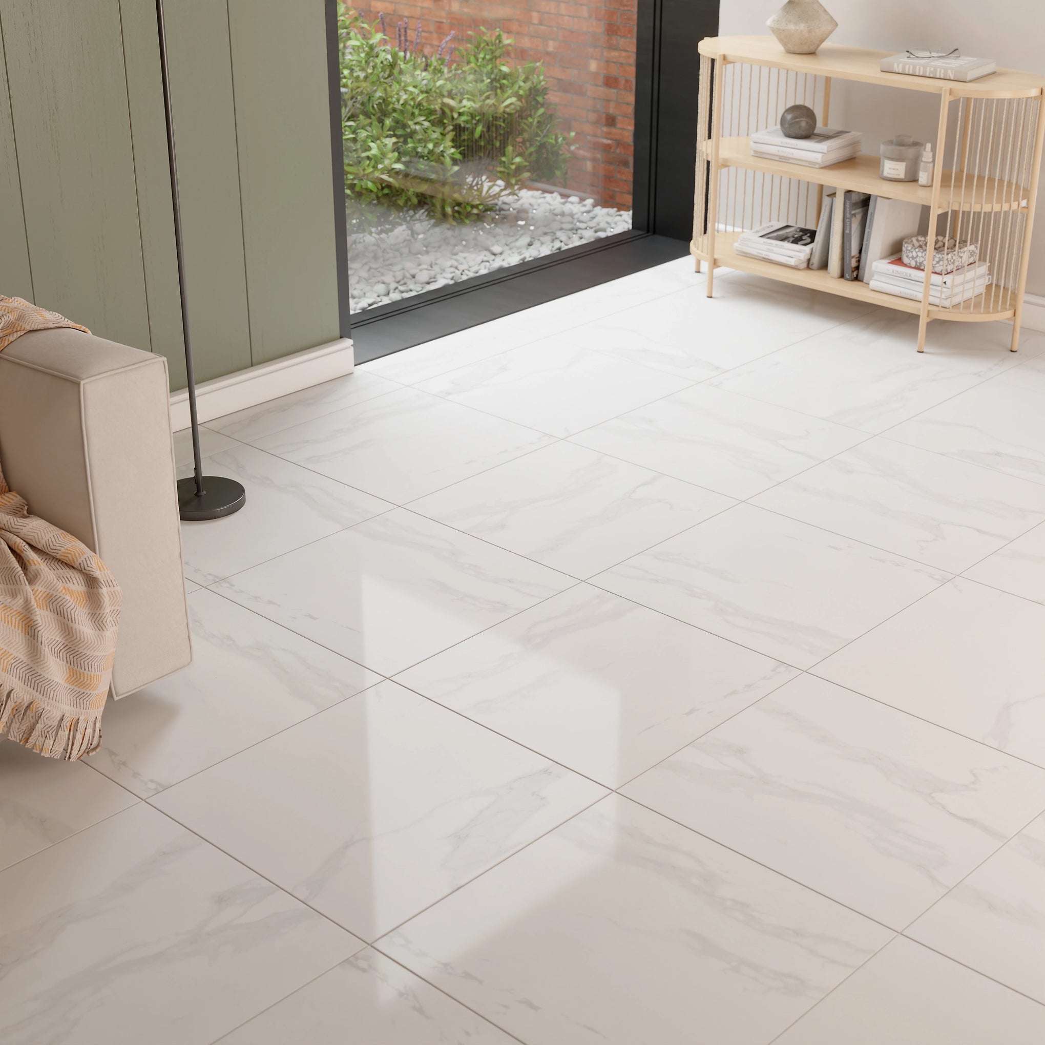 Ultimate White Gloss Marble effect Porcelain Indoor Floor Tile, Pack of 3, (L)595mm (W)595mm