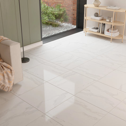 Ultimate White Gloss Marble effect Porcelain Indoor Floor Tile, Pack of 3, (L)595mm (W)595mm