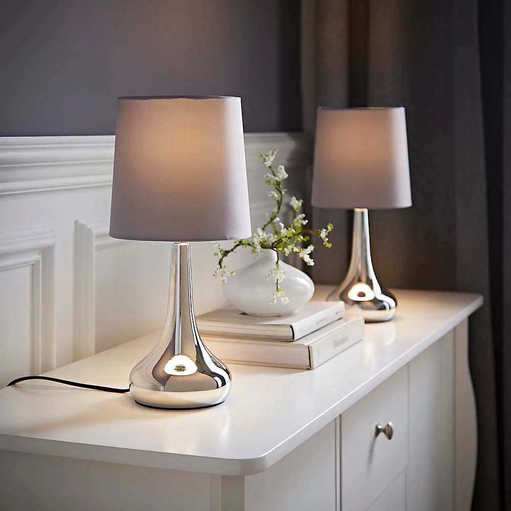 ValueLights Teardrop Pair of Chrome Touch Table Lamps with Grey Shade
