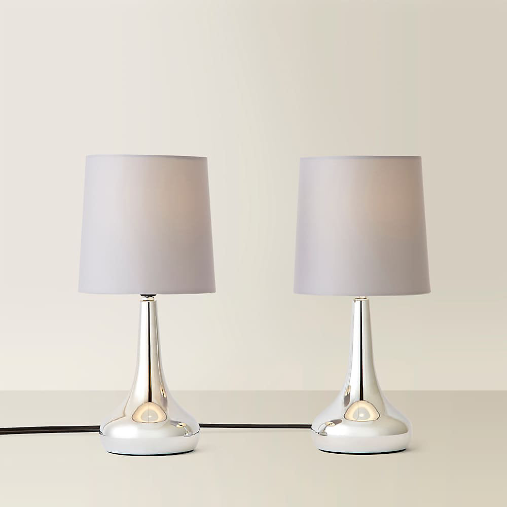 ValueLights Teardrop Pair of Chrome Touch Table Lamps with Grey Shade