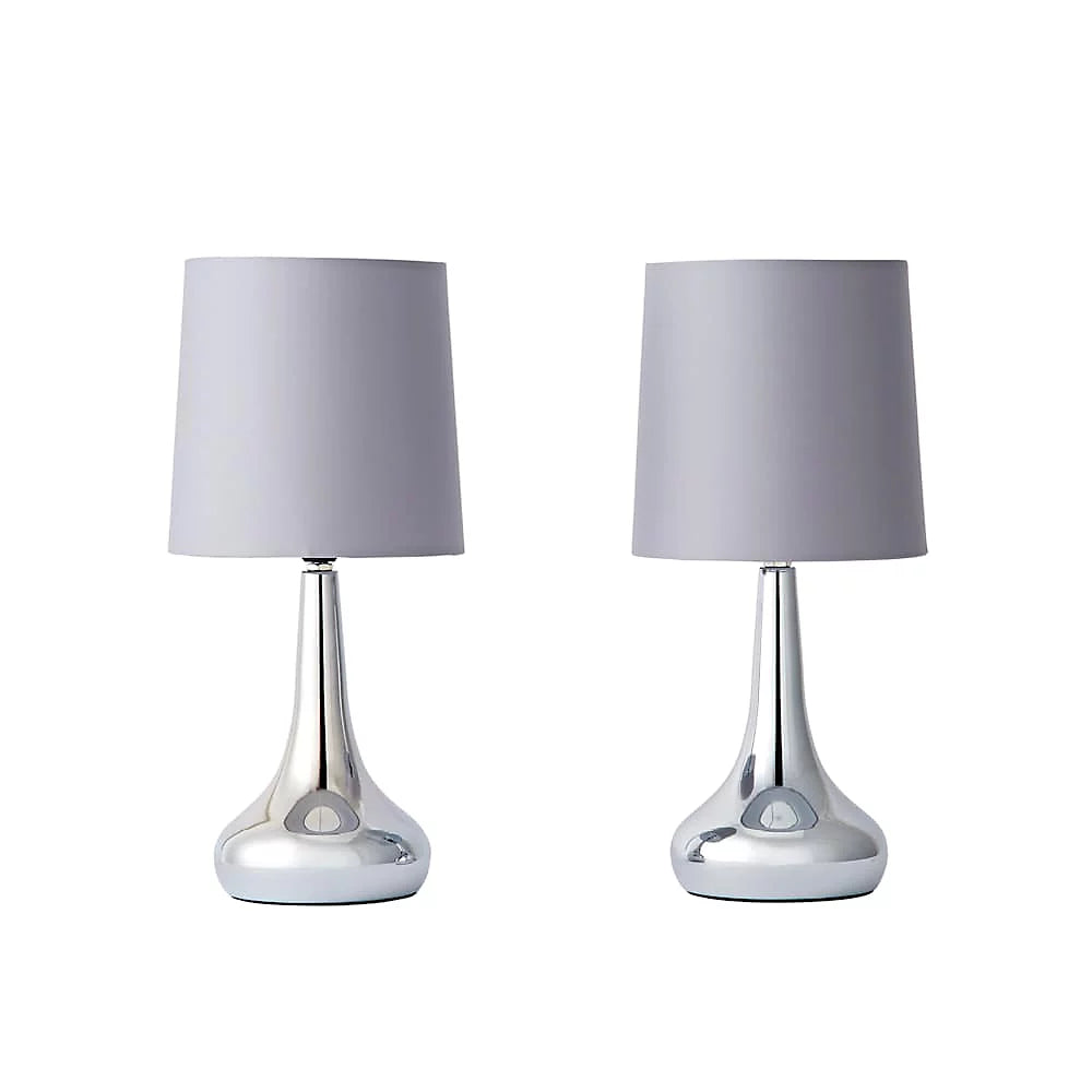 ValueLights Teardrop Pair of Chrome Touch Table Lamps with Grey Shade